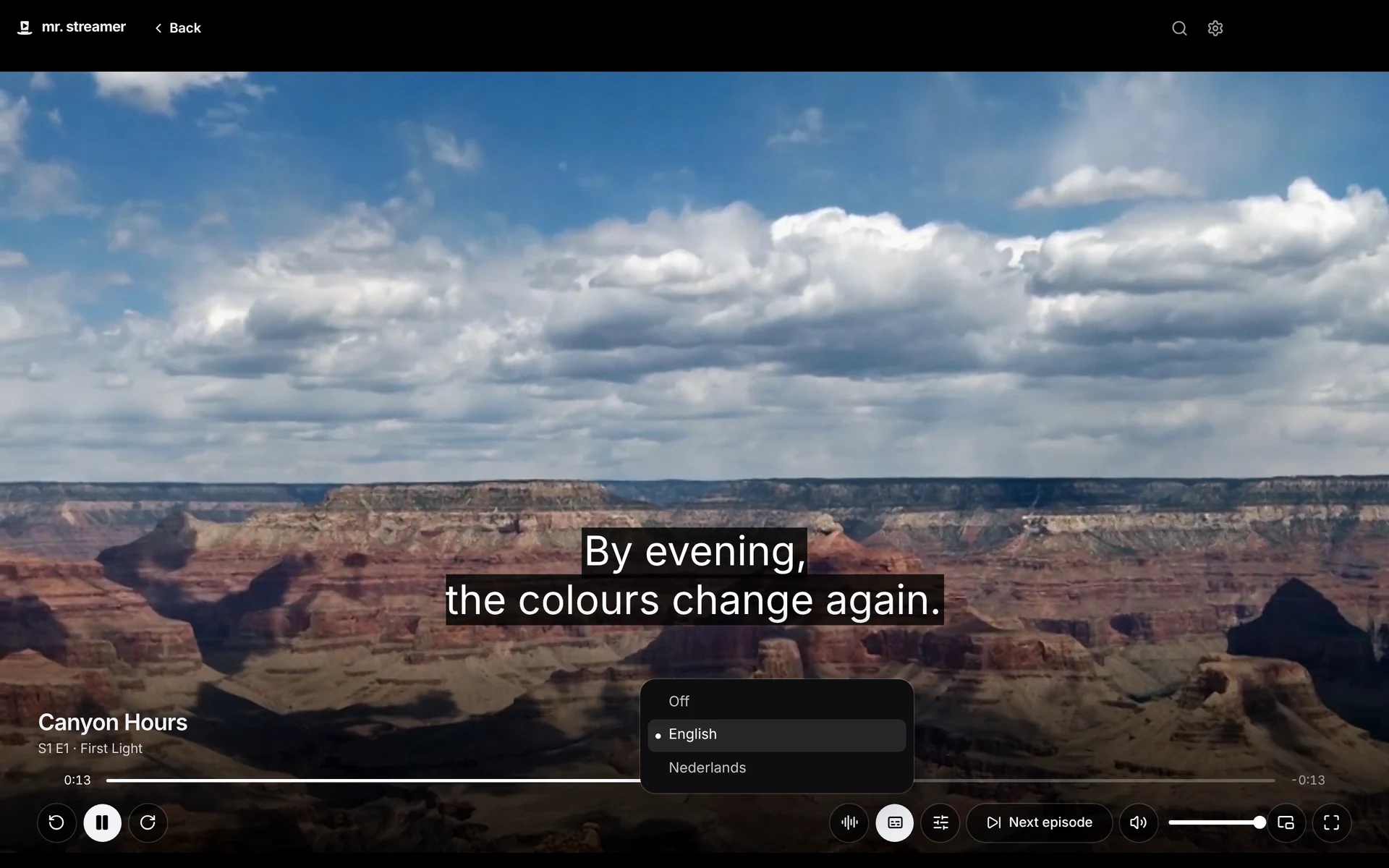 An episode playing with English subtitles, and the subtitle menu offering Off, English and Nederlands